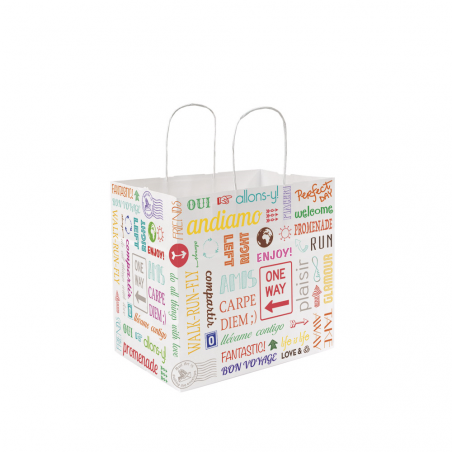 Sac papier kraft avec anses 'parole' 26+17x24cm blanc cellulose - vendu par 250 (PU 0,197€)